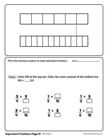 Equivalent Fractions: Page 10 coloring page