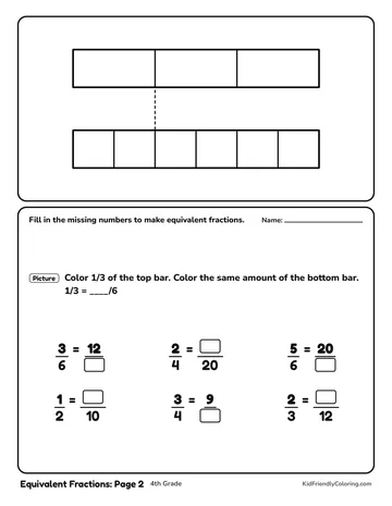 Equivalent Fractions: Page 2 coloring page