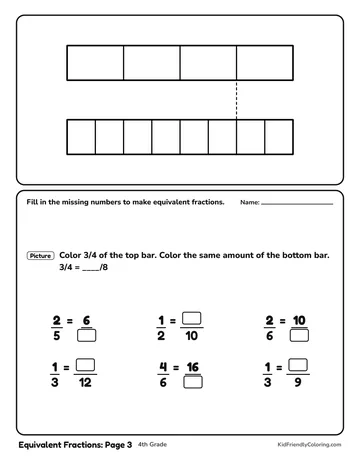 Equivalent Fractions: Page 3 coloring page