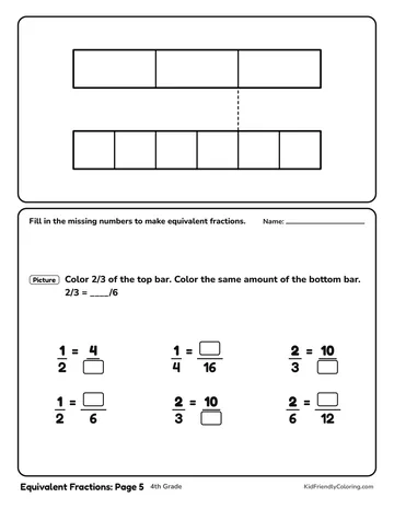 Equivalent Fractions: Page 5 coloring page
