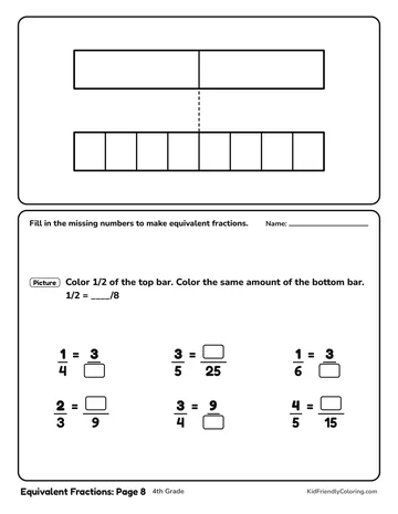 Equivalent Fractions: Page 8 coloring page