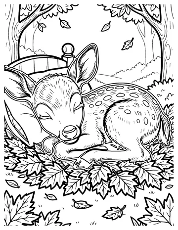 Fawn in a Leaf Bed coloring page