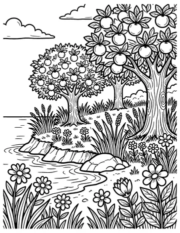 Land, Trees and Flowers coloring page