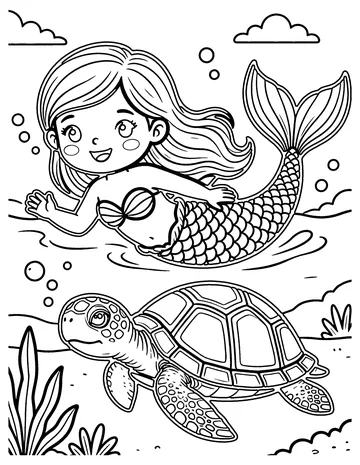 Mermaid and Turtle coloring page
