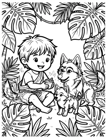 Mowgli and the Wolves coloring page