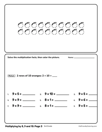 Multiplying by 8, 9 and 10: Page 3 coloring page