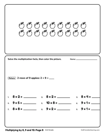 Multiplying by 8, 9 and 10: Page 8 coloring page