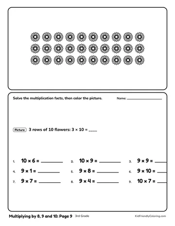 Multiplying by 8, 9 and 10: Page 9 coloring page