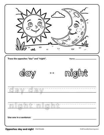 Opposites: day and night coloring page