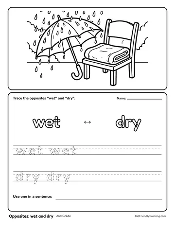 Opposites: wet and dry coloring page