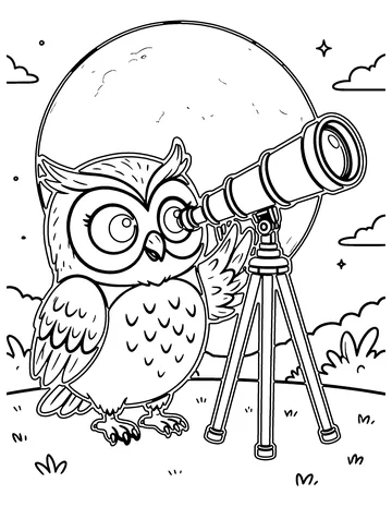 Owl and the Telescope coloring page