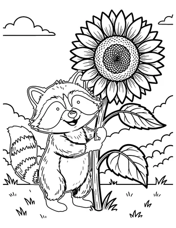 Raccoon and the Sunflower coloring page
