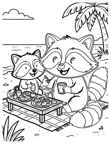 Raccoon Beach Picnic coloring page