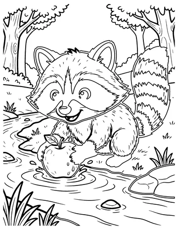 Raccoon Washing an Apple coloring page