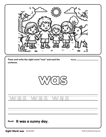 Sight Word: was coloring page
