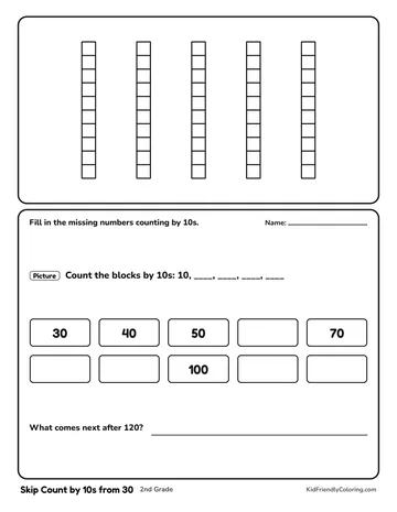 Skip Count by 10s from 30 coloring page