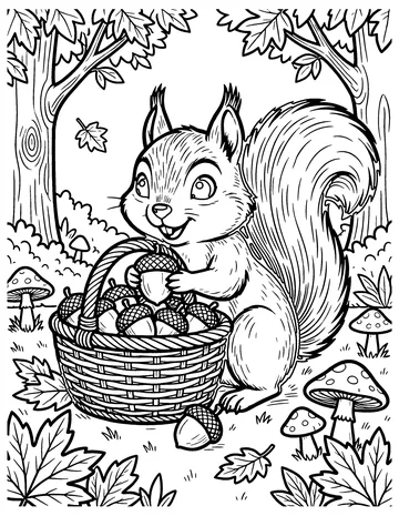 Squirrel Gathers Acorns coloring page