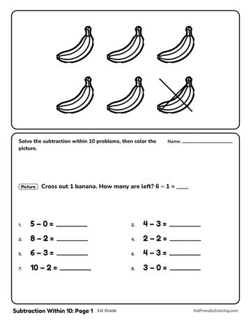 Subtraction Within 10: Page 1 coloring page