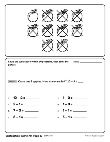 Subtraction Within 10: Page 10 coloring page