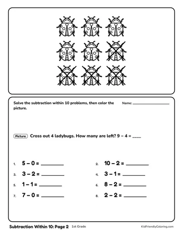 Subtraction Within 10: Page 2 coloring page