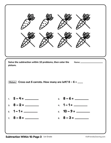 Subtraction Within 10: Page 3 coloring page