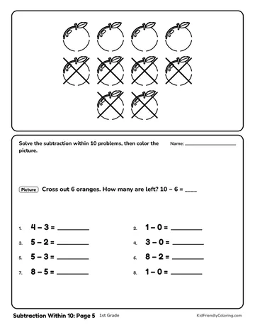 Subtraction Within 10: Page 5 coloring page