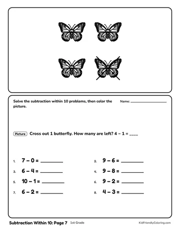 Subtraction Within 10: Page 7 coloring page