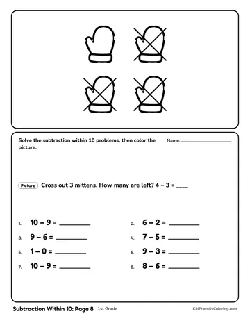 Subtraction Within 10: Page 8 coloring page