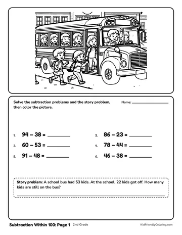 Subtraction Within 100: Page 1 coloring page