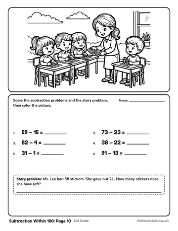 Subtraction Within 100: Page 10 coloring page