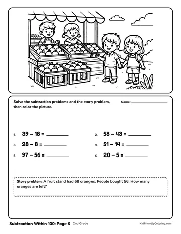 Subtraction Within 100: Page 6 coloring page