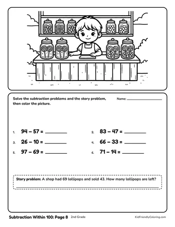 Subtraction Within 100: Page 8 coloring page