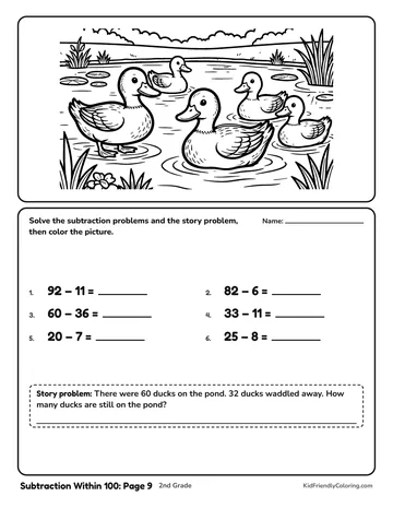 Subtraction Within 100: Page 9 coloring page