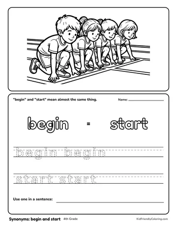 Synonyms: begin and start coloring page